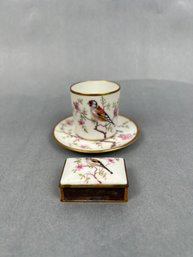 Limoges France Porcelain Teacup, Saucer And A Matchbox.