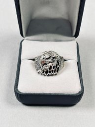 Wheeler Mfg. Sterling Silver Diamond-cut Eagle Head Ring With Black Onyx Inlay, Size 9-1/2