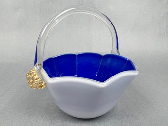 Murano Glass Basket White With Blue Interior.