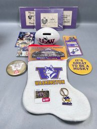 Lot Of Huskies Memorabilia, Bank,  Cards, Pinback Buttons And More