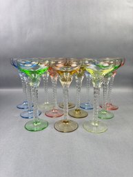 Set Of 12 Vintage Blefeld Twisted Stem Multi-colored Cordials