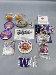 Lot Of Huskies Memorabilia, Earrings, Shot Glass And More