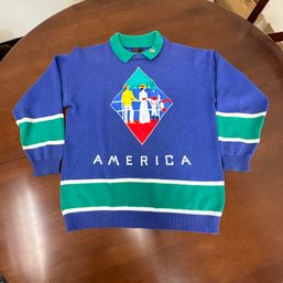 Fia Sweater With American Boating Theme Stitched On The Front