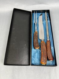Jonathan Crooks Sheffield Stainless Antler Handled Carving Set.