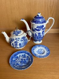 Grouping Of Mismatched Blue Willow Pieces - Teapots Chipped/Repaired