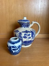 Vintage Blue Willow Covered Pitcher And Ginger Jar