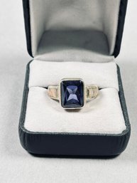 Sterling Silver Ring With Lab Opal Inlay And Lab Tanzanite, Size 9-1/2