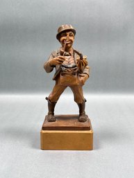 Vintage Wooden Carving Wood Carved Statue Man W/ Pipe & Umbrella