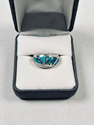 Rhodium Plated Sterling Silver Ring With Lab Black Opal Inlay And Cubic Zirconia Accents, Size 6-1/4