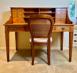 Solid Wood 11 Drawer Desk With Cane Back Chair By Grange