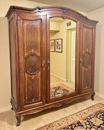 Large Antique French 3 Door Armoire With Mirror & Inlay Detail