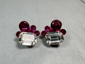 Pink And Clear Rhinestone Clip Earrings