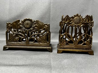 Vintage Sunflower Motif Brass Letter Holder And Pen Holder Made In Italy.