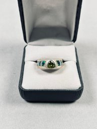 Sterling Silver Band Ring With Lab Opal Inlay And Natural Peridot Trillion, Size 8-5/8