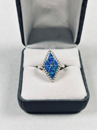Sterling Silver Native American Made Ring, Signed MGD, With Lab Blue Opal Inlay, Size 8-1/2