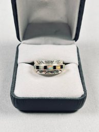 Sterling Silver Band Ring With Black Onyx And Lab Opal Opal Inlay, Size 8-1/2