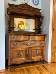 Antique Oak Serpentine Sideboard Hutch With Mirror
