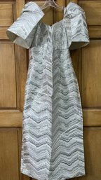 Traditional Filipiniana Terno Gown Silver And White Metallic Jacquard Or Brocade Fabric