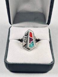 Sterling Silver Shube's Inc. Ring With 3-color Chip Inlay, Size 5-7/8
