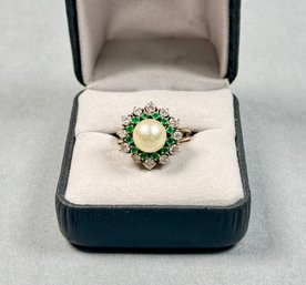 14k White Gold Dinner Ring With Split Shank Cluster Diamonds, Emeralds And Pearl