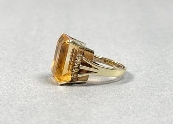 14k Yellow Gold Emerald Cut Citrine 18 X 12 MM Sz 5.5 With Diamonds