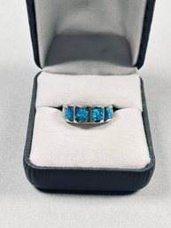 Rhodium Plated Sterling Silver Band Ring With Lab Black Opal Inlay, Size 5