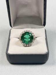 14k White Gold 14.5 MM Round Cut Green Tourmaline And Diamond Ring Sz 5.75