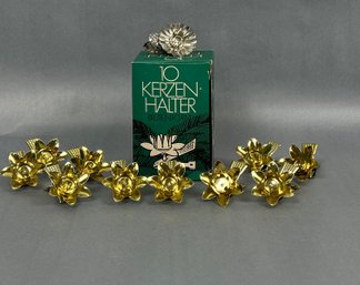 Vintage German Gold-toned Metal Flower-shaped Clip-on Christmas Tree Candle Holders