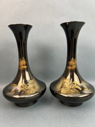 Pair Of Vintage Asian Scene Brass Vases