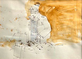 Pencil Signed Ink Line & Wash On Paper Market Man Framed *local Pick Up Only*