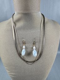 2 Silver Tone Necklaces And Pierced Drop Earrings