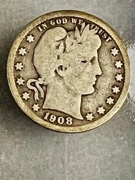 1908 United States Barber Silver Coin Quarter
