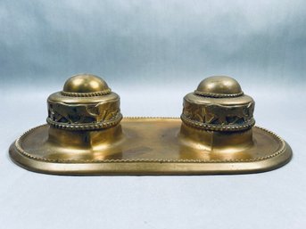 Antique Lion Motif Brass Desktop Double Ink Well