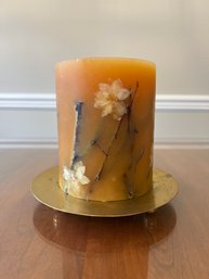 Large Floral Inlay Decorator Candle And Gold Accent Tray