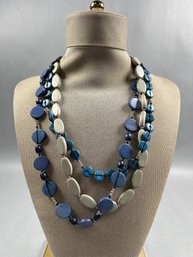 Vintage Multi Strand Blue And Gray Wood Beads Necklace
