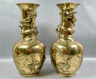 Pair Of Vintage Chinese Export Brass Dragon Vases
