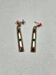 Vintage Zuni Sterling Coral And Turquoise Dangle Earrings