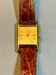 Seiko Gold Tone Rectangle Case Watch  With Crocodile Band