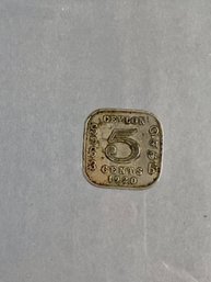 1920 Ceylon 5 Cents Coin Featuring A Square Shape