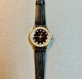 Helbros Black Watch With Rhinestone Bezel And Black Band