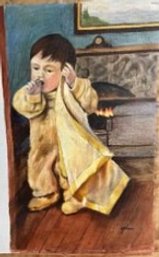 Ruby Glenn Edwards Painting On Canvas Of A Boy Near A Hearth