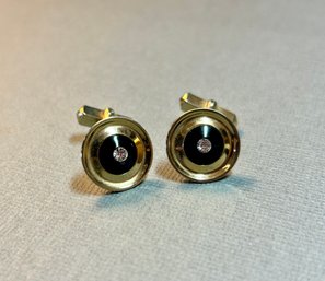 Pair Of Swank Gold Tone, Black With Rhinestone Cufflinks