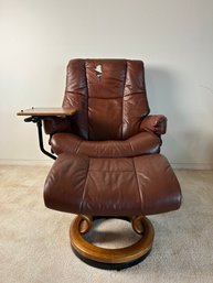 Ekornes Stressless Brown Leather Chair With Round Attached Table And Ottoman