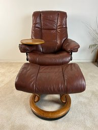 Ekornes Stressless Brown Leather Chair With Round Attached Tray And Ottoman