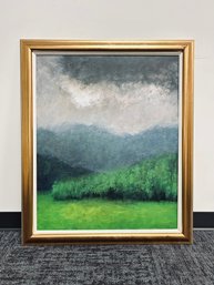 Framed Landscape Oil Painting Appears To Depict A Moody, Atmospheric Mountain