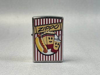 Zippo Lighter With A Retro Design Featuring A Hot Dog, Popcorn, And A Drink