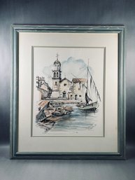 Vintage Artist Signed Ink And Watercolor Mediterranean Harbor Scene