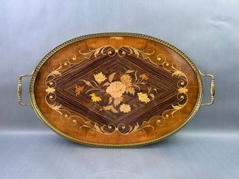 Vintage Italian Marquetry Wood & Brass Serving Tray