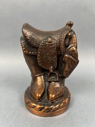 Vintage Cowboy Themed Copper Colored Savings Bank.