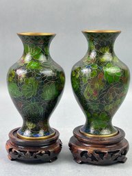 Pair Of Small Green Cloisonne Vases